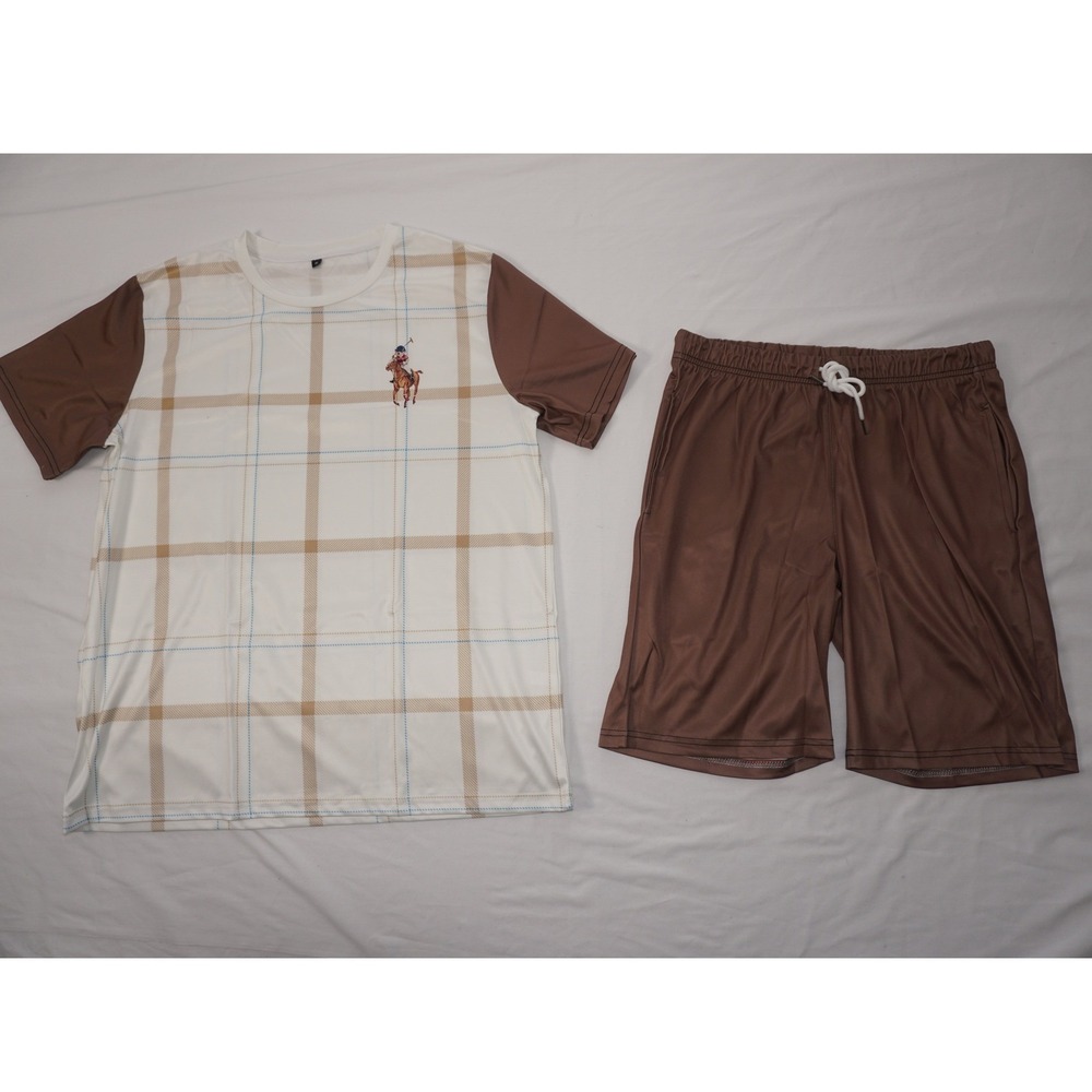 Polo Motif Medium Plaid T-Shirt and Shorts Set Brown White Activewear